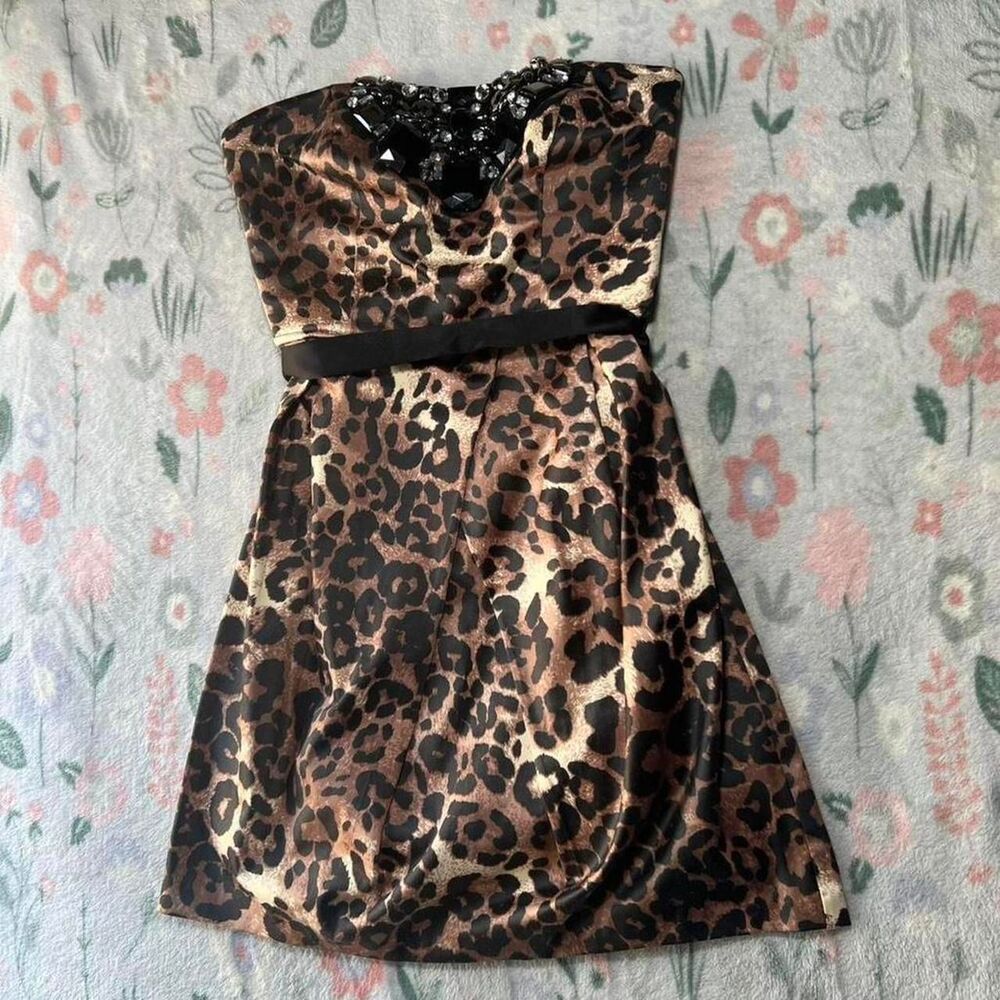 Trixxi Vintage Y2K Leopard Print Strapless Mini Dress 5 Mcbling Retro Early 2000